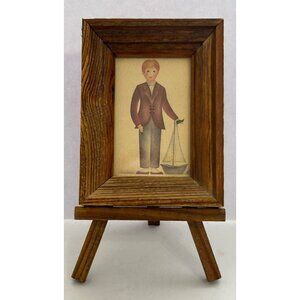Vintage Rustic Miniature Picture Folk Art Print Boy Sailboat Primitive Farmhouse
